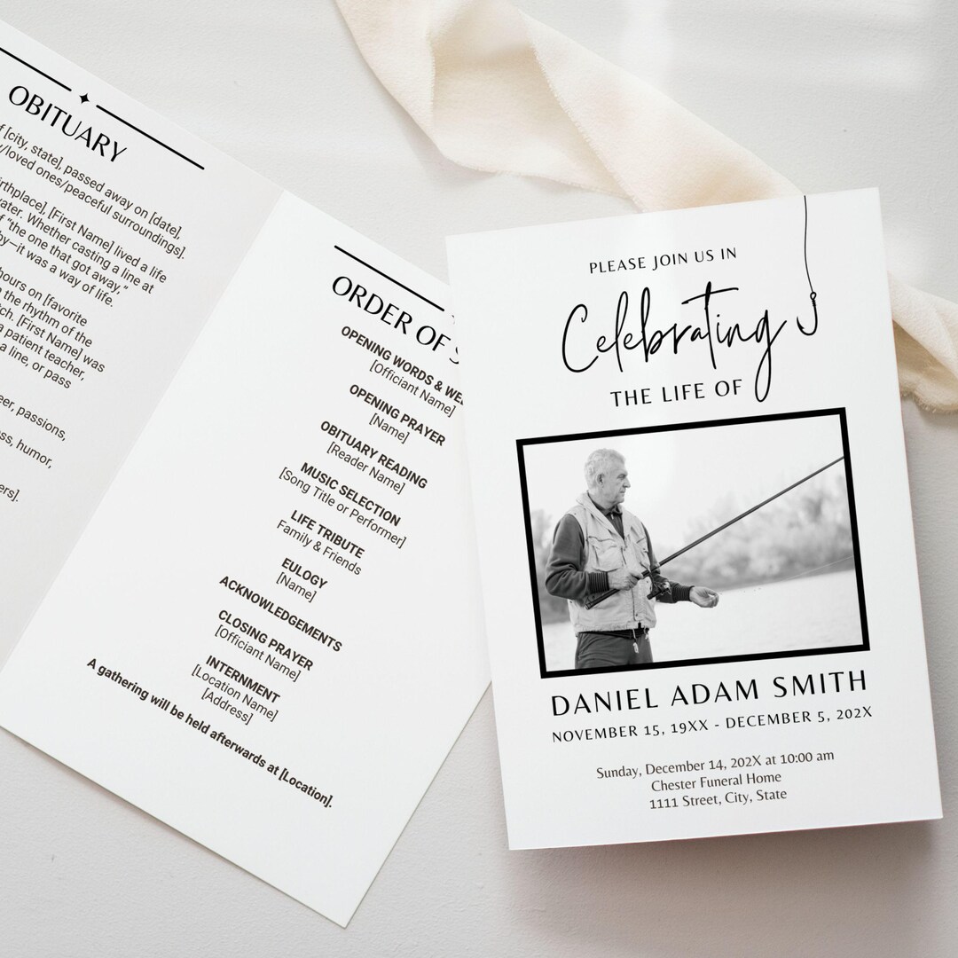 Fish Funeral Program Design Fisherman Funeral Program Template, 4-page Bi-fold Booklet (editable ...