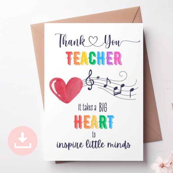 Music Teacher Thank You Card: Colorful Notes, Heart Design (PDF