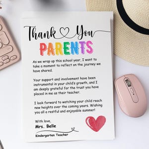 Gracias a los padres de parte del maestro, carta de agradecimiento para padres por fin de año, regalo de graduación para el último día de jardín de infantes, PDF editable y Canva