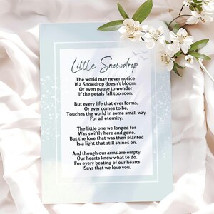 Petit poème funéraire de perce-neige pour enfant, poème du souvenir de la perte d'un bébé, poèmes de deuil pour les parents, téléchargement immédiat