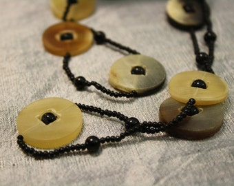 Vintage 1970’s Mother of Pearl Coin and Black Glass Necklace