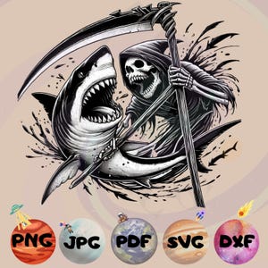 Skeleton And Shark Svg & Png - Scary Skeleton Pdf - Reaper Death svg - Shark Cartoon Svg - Cute Skeleton Svg - Skull Tattoo Svg - Digital