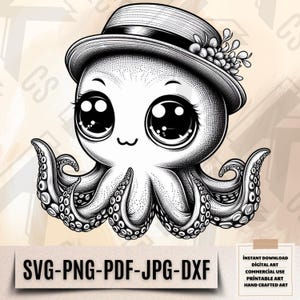 Bedårande bläckfisk i hatt SVG - söt baby Kraken Clipart - havsdjur tatuering JPG - digital nedladdning bläckfisk konst - kawaii bläckfisk PNG