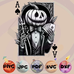 Pumpkin Man SVG - Asso di picche gotico - Clipart scheletro - Carte da gioco di Halloween - Arte del poker spettrale - Download digitale scuro