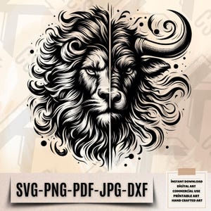 May include: Black and white digital illustration of a lion and a bull's head combined into one image. The lion's head is on the left side of the image and the bull's head is on the right side of the image. The two heads are facing forward and their features are intricately detailed.