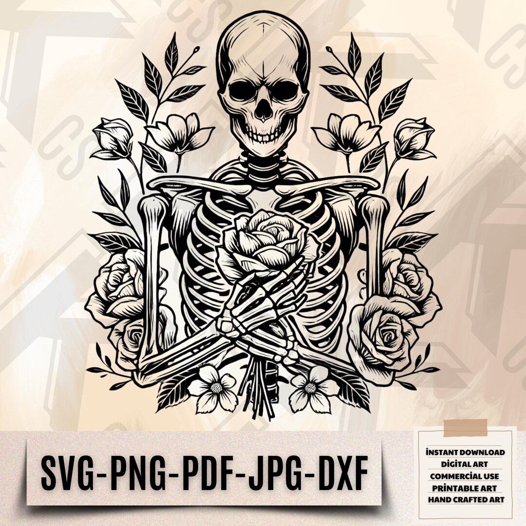 Romantic Skeleton Rose Svg - Gothic Skull Art - Rose Png - Floral ...