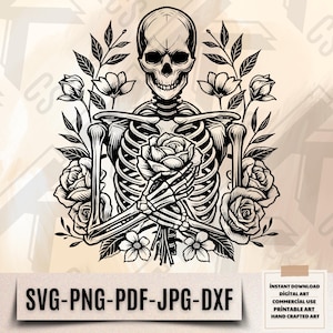 May include: Black and white illustration of a skeleton holding a bouquet of roses. The skeleton is wearing a skull with a floral design. The roses are in full bloom and have a detailed design.