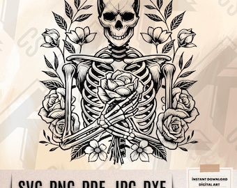 May include: Black and white illustration of a skeleton holding a bouquet of roses. The skeleton is wearing a skull with a floral design. The roses are in full bloom and have a detailed design.