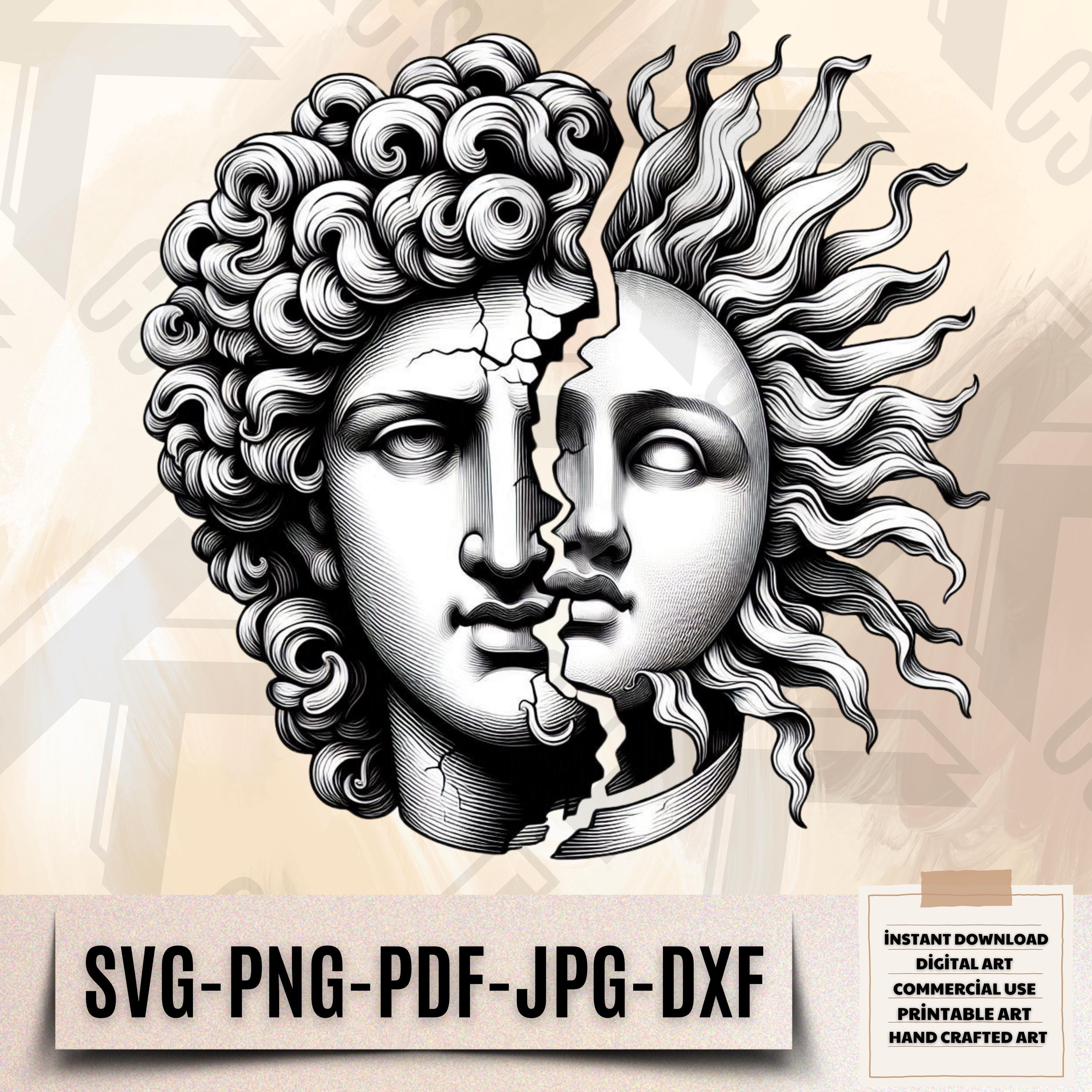 Apollo and Sun Face SVG - Greek God Clipart - Mythology Art PNG - Half ...