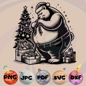 May include: A black and white illustration of a bear wearing a Santa hat and holding a gift. The bear is standing next to a Christmas tree and a stack of presents.