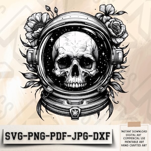 Gothic Astronaut Skull SVG - Space Skull DigitalArt - Floral Skull PNG - Astronaut Tattoo Design - BlackWhite Space Art - SciFi SkullClipart