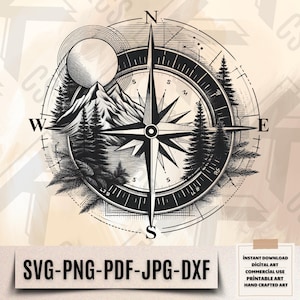 May include: Black and white illustration of a compass with a mountain range and trees in the background. The compass has a north, south, east, and west direction.