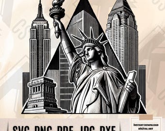 May include: A monochrome illustration featuring the Statue of Liberty and New York City's skyline. The image includes the text "SVG-PNG-PDF-JPG-DXF" and "INSTANT DOWNLOAD DIGITAL ART COMMERCIAL USE PRINTABLE ART HAND CRAFTED ART".