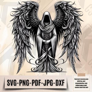 May include: Black and white digital illustration of an angel with large wings and a hooded robe holding a sword. The angel is standing with its wings spread out.