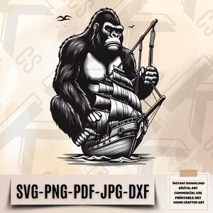 Gorilla Pirate Svg - Giant Monkey Ship Art - Sea Monster Gorilla Clipart - Nautical Jungle Svg - Instant Download - Digital Art File