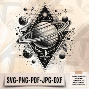 Puede incluir: Ilustración en blanco y negro de un planeta con anillos rodeado de formas geométricas y estrellas. El planeta está en el centro de la imagen y está rodeado de planetas y estrellas más pequeños.
