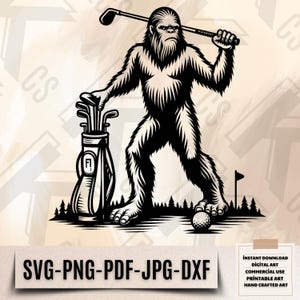 May include: A black and white illustration of a Bigfoot playing golf. He is holding a golf club and has a golf bag with clubs on his back. He is standing on a golf course with a green flag in the background.
