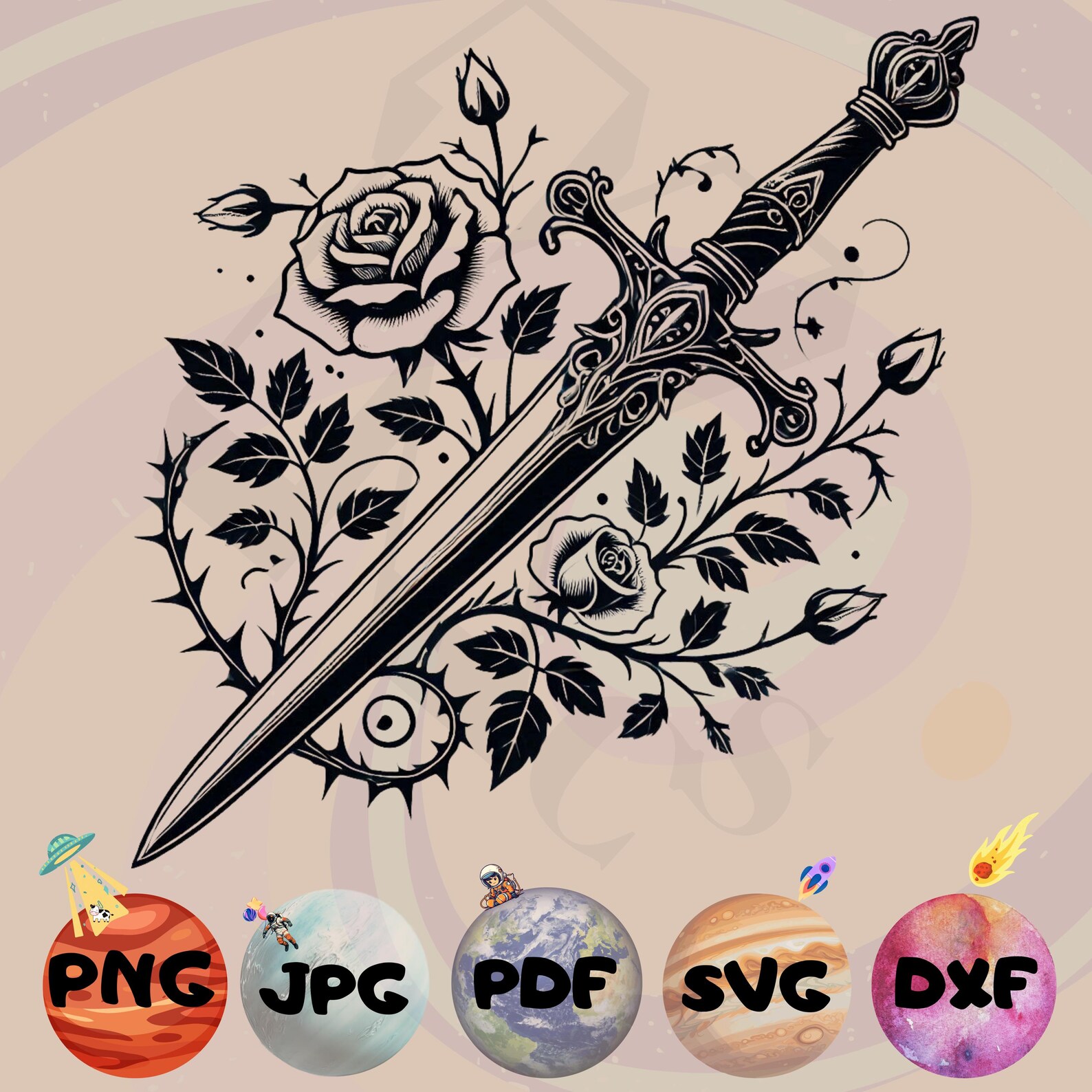 Sword With Roses Printable Rose Sword Svg & Png Rose Svg Lily Svg Flowers Svg Black White Sword ...