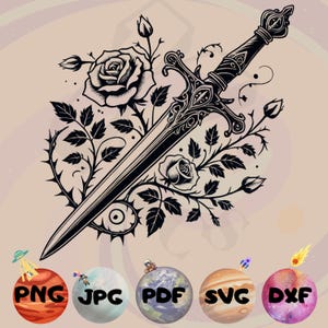 Può includere: Illustrazione in bianco e nero di una spada intrecciata con rose e viti spinose. La spada ha un'elsa ornata e una lama lunga e appuntita. L'immagine include i testi "PNG", "JPG", "PDF", "SVG" e "DXF" sui pianeti.