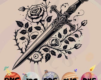 May include: Black and white illustration of a sword intertwined with roses and thorny vines. The sword has an ornate handle and a long, pointed blade. The image includes the text "PNG", "JPG", "PDF", "SVG", and "DXF" on planets.
