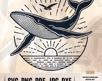 Ballena voladora majestuosa Svg - Arte digital inspirado en el océano - Ballena azul Png - Imágenes prediseñadas de criaturas marinas - Decoración de pared náutica - Descarga digital