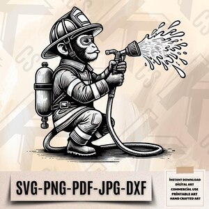 Mono bombero Svg - Bombero valiente Png - Clipart de bombero divertido - Arte digital de mono - Ilustración de animales de safari - Descarga instantánea