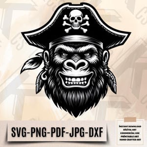 Piratgorilla Svg Clipart - Vilda djur Skull Hat Svg - Gorilla Pirathuvud Png - Djungelpirat Svg - Digital Nedladdningsdesign
