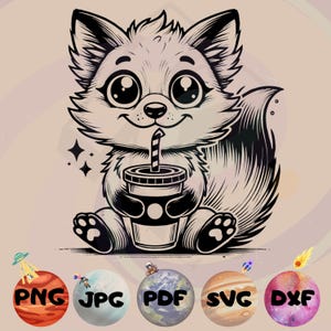 May include: A black and white line drawing of a cartoon fox holding a cup with a straw. The fox has large eyes and a cute expression. The fox is sitting on its haunches and has its tail curled around its body.