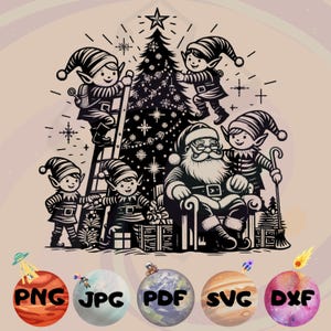 May include: Black and white illustration of Santa Claus sitting in a chair with four elves decorating a Christmas tree. The elves are climbing a ladder and holding baubles. Santa is wearing a hat and beard. The tree is decorated with stars and snowflakes.