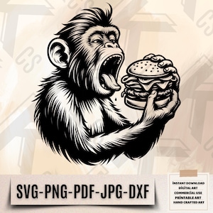 Może przedstawiać: Czarno-biała ilustracja małpy jedzącej hamburgera. Małpa ma szeroko otwartą paszczę i trzyma hamburgera obiema rękami. Hamburger ma sezamową bułkę, sałatę, pomidora i ser.