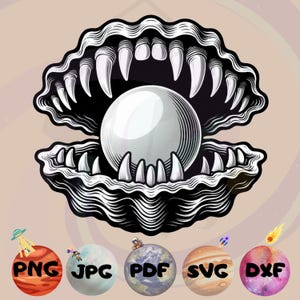May include: Black and white illustration of an open clam shell with sharp teeth, revealing a large pearl. Below the clam are colorful planets with the file type abbreviations: PNG, JPG, PDF, SVG, and DXF.