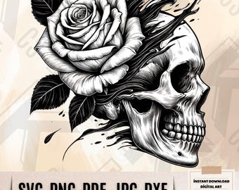 May include: A black and white illustration of a skull with a rose growing out of the top of its head. The rose is in full bloom and has many petals. The skull is facing to the right and has a detailed design.