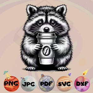 May include: A black and white illustration of a raccoon holding a coffee cup. The raccoon is sitting on a light brown background.