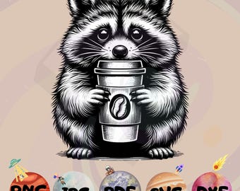 Mapache bebiendo café Svg - Amante del café Svg - Mapache lindo Svg - Mapache divertido Svg - Pdf en blanco y negro - Alta calidad - Descarga instantánea