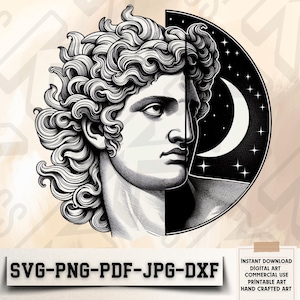 Greek God Apollo Svg - Apollo Clipart - Half Face Jpg - Sun God Svg - Art and Music Png- Mythological God - Tatto İdea Svg -Digital Download