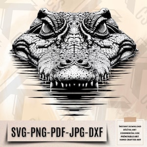 May include: Black and white illustration of an alligator's head emerging from the water. The alligator's eyes are wide open and its teeth are bared. The image is detailed and realistic.