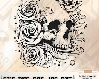 May include: Black and white digital illustration of a skull with roses and swirling designs. The skull is detailed with a prominent jawline and teeth. The roses are stylized and have a vintage feel. The image is suitable for use as a digital download, printable art, or commercial use.