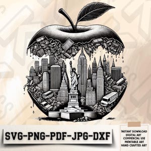 May include: Black and white illustration of an apple with a cityscape inside. The apple is filled with buildings, including skyscrapers, and a statue of liberty. The apple is dripping with liquid, and there are leaves on the top.