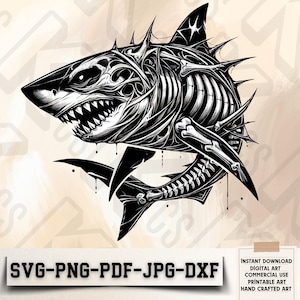 Skeleton Shark Svg - Shark Bones Png - Shark Tattoo Svg - Digital Shark Art Svg - Skeletal Creature Pdf - Gothic Design - Digital Download