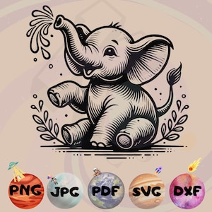 May include: A black and white illustration of a cartoon elephant with its trunk raised in the air, spraying water. The elephant is sitting on a small patch of grass with leaves on either side.