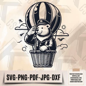 May include: A black and white illustration of a bear wearing a pilot's hat and jacket, riding in a hot air balloon. The bear is saluting with its right paw. The balloon is filled with black and white stripes. The background is a light beige colour with clouds and a sun.