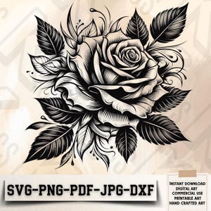 May include: Black and white line art illustration of a single rose with leaves. The rose is in full bloom and the leaves are detailed.