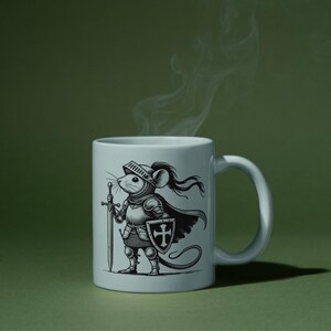 Printing For Cup, A brave little knight stands ready for battle, clad in elaborate medieval armor and armed with a mighty sword and shield! With his resolute stance, flowing cloak and noble expression, this fearless warrior mouse is perfect for fantasy lovers, medieval-themed projects and unique digital artwork.