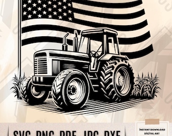 Puede incluir: Silueta en blanco y negro de un tractor con ruedas grandes, conduciendo por un campo de hierba. Una bandera estadounidense ondea en el fondo.