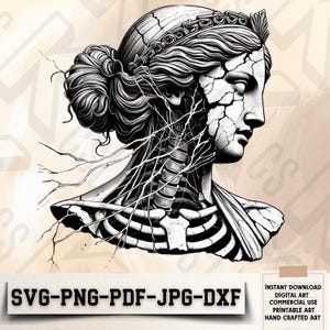 アフロディーテの頭蓋骨 SVG - ギリシャの女神 PNG - 神話のデジタルアート - ひびの入った彫像の線画 - ヴィーナスの解剖図 - ゴシックギリシャ美術