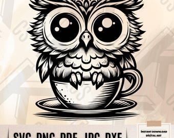 Cute Owl In Coffee Cup SVG - Adorable Owl Mug Clipart - Tea Cup Bird PNG - Funny Coffee Lover Design - Owl Bird SVG for Cricut & Sublimation