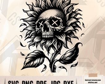 Skull Sunflower SVG - Gothic Floral Art - Dark Aesthetic Flower PNG - Creepy Botanical Clipart - Floral Skull Design - Macabre Bloom Digital