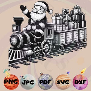 May include: A black and white illustration of Santa Claus riding a train carrying a boxcar full of presents. The train is on a track and Santa is waving.