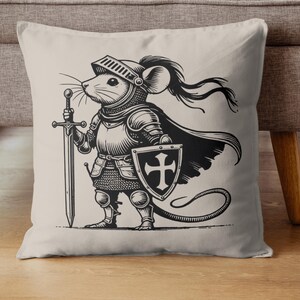 Detailed print on cushion, A brave little knight stands ready for battle, clad in elaborate medieval armor and armed with a mighty sword and shield! With his resolute stance, flowing cloak and noble expression, this fearless warrior mouse is perfect for fantasy lovers, medieval-themed projects and unique digital artwork.