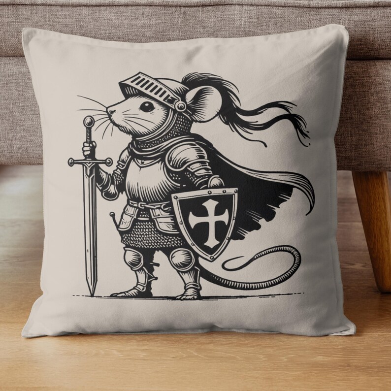 Detailed print on cushion, A brave little knight stands ready for battle, clad in elaborate medieval armor and armed with a mighty sword and shield! With his resolute stance, flowing cloak and noble expression, this fearless warrior mouse is perfect for fantasy lovers, medieval-themed projects and unique digital artwork.